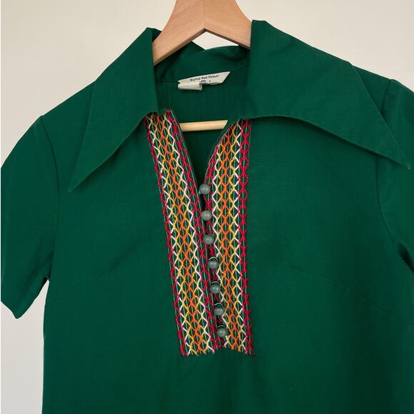 Vintage 60s 70s Sears Green Dagger Collar Top / Sz S / Folk Retro Boho Hippie - Picture 5 of 8